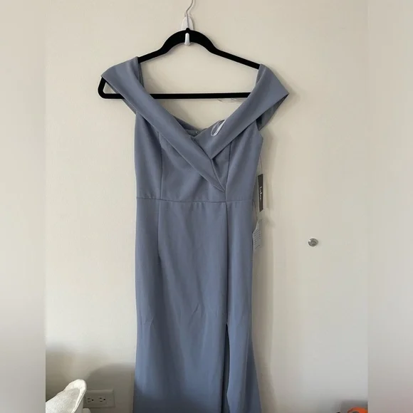 Lulus Song of Love Blue Grey Off-the-Shoulder Maxi Dress - Picture 2 of 8